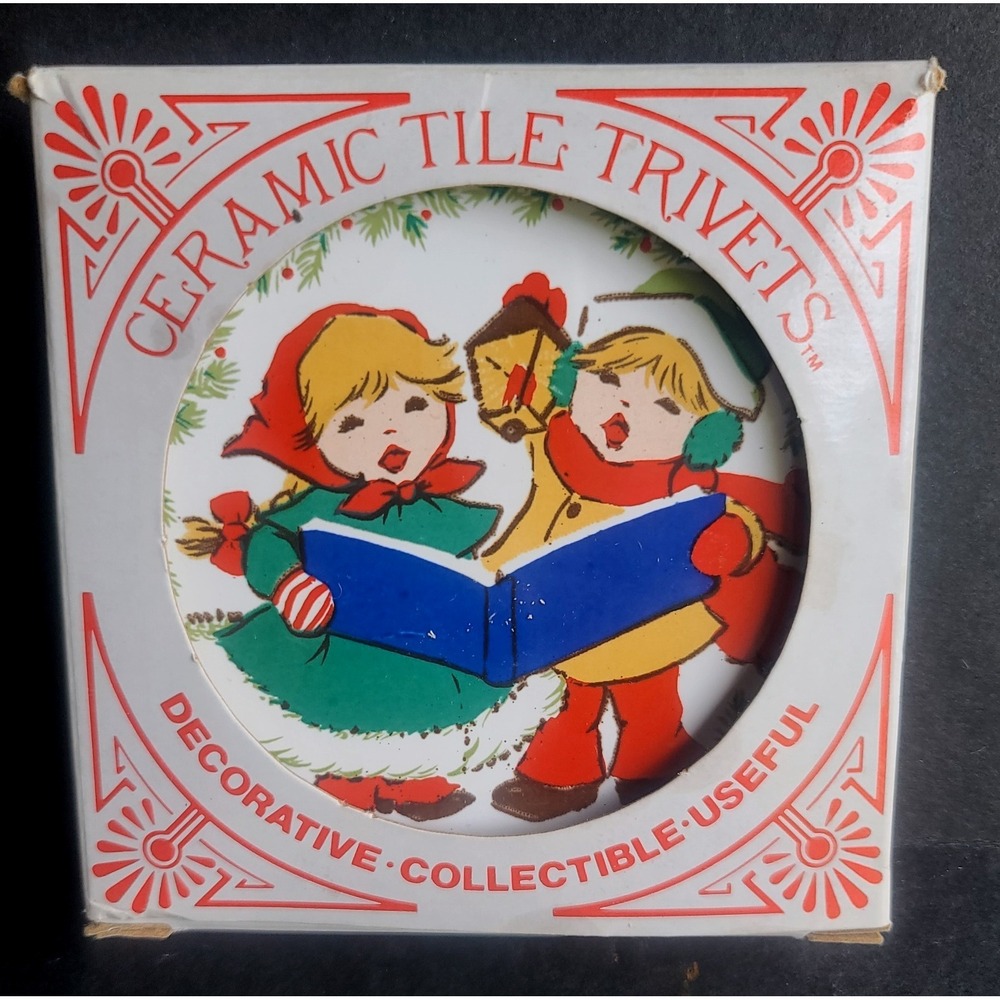 Christmas Tree and Carolers Ceramic Tile Trivets Set 2 Vintage JASCO 1982‎